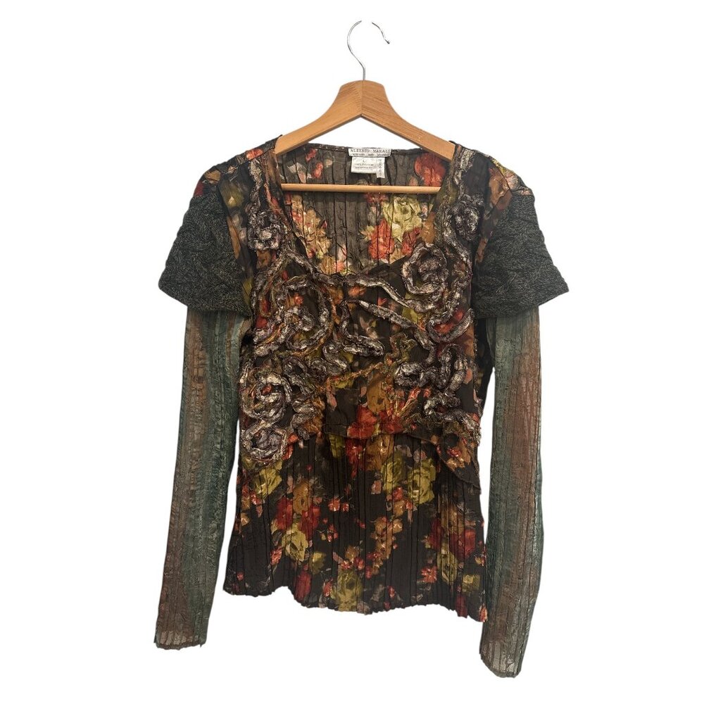 Alberto Makali Floral Applique Sheer Blouse L Boho Gothic Fall Top - Picture 2 of 9